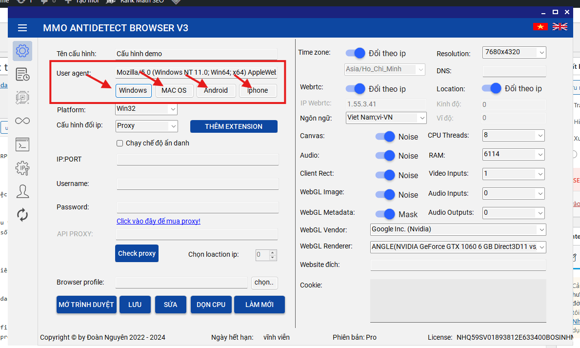 Chọn loại thiết bị (User Agent) tại khu vực tương ứng