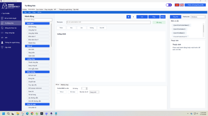 Giao diện tổng quan của tab Tự động hóa trong MMO Antidetect Browser