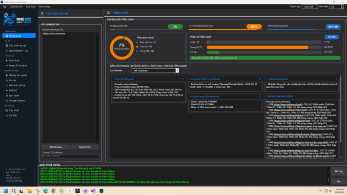 Giao diện tổng quan phần mềm MMO GEO AUDIT STUDIO hiển thị GEO score và dashboard audit website